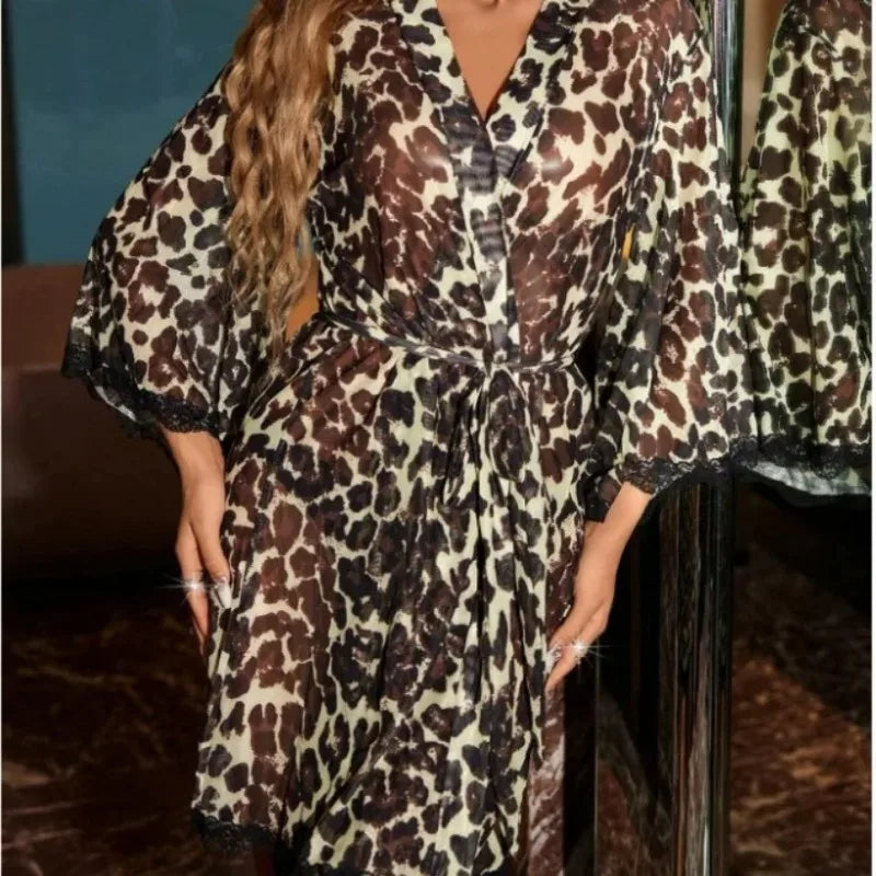 Robe de chambre à imprimé léopard intégral, ceinturée, pour l'été et l'automne, robe de demoiselle d'honneur, robe de nuit mi-longue, nuisette en maille, vêtements de détente sexy, vêtements de nuit doux