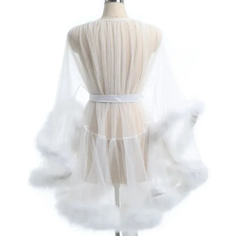 Robe de plumes Sexy, grande taille, maille séduisante, Perspective, peignoir en fourrure sexuelle, taille passionnée, Robe de serrage, Robe de mariée