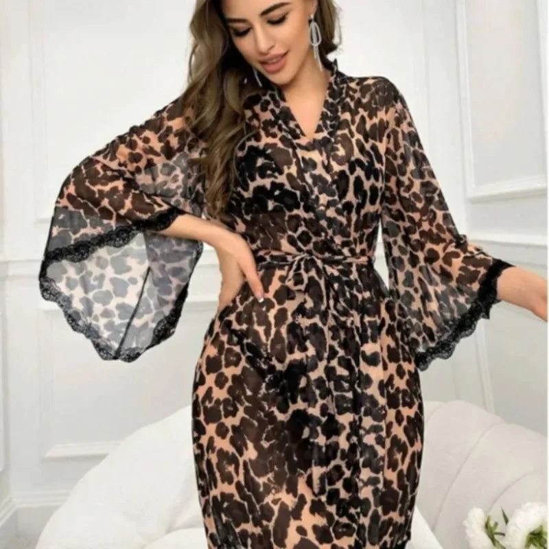 Robe de chambre à imprimé léopard intégral, ceinturée, pour l'été et l'automne, robe de demoiselle d'honneur, robe de nuit mi-longue, nuisette en maille, vêtements de détente sexy, vêtements de nuit doux