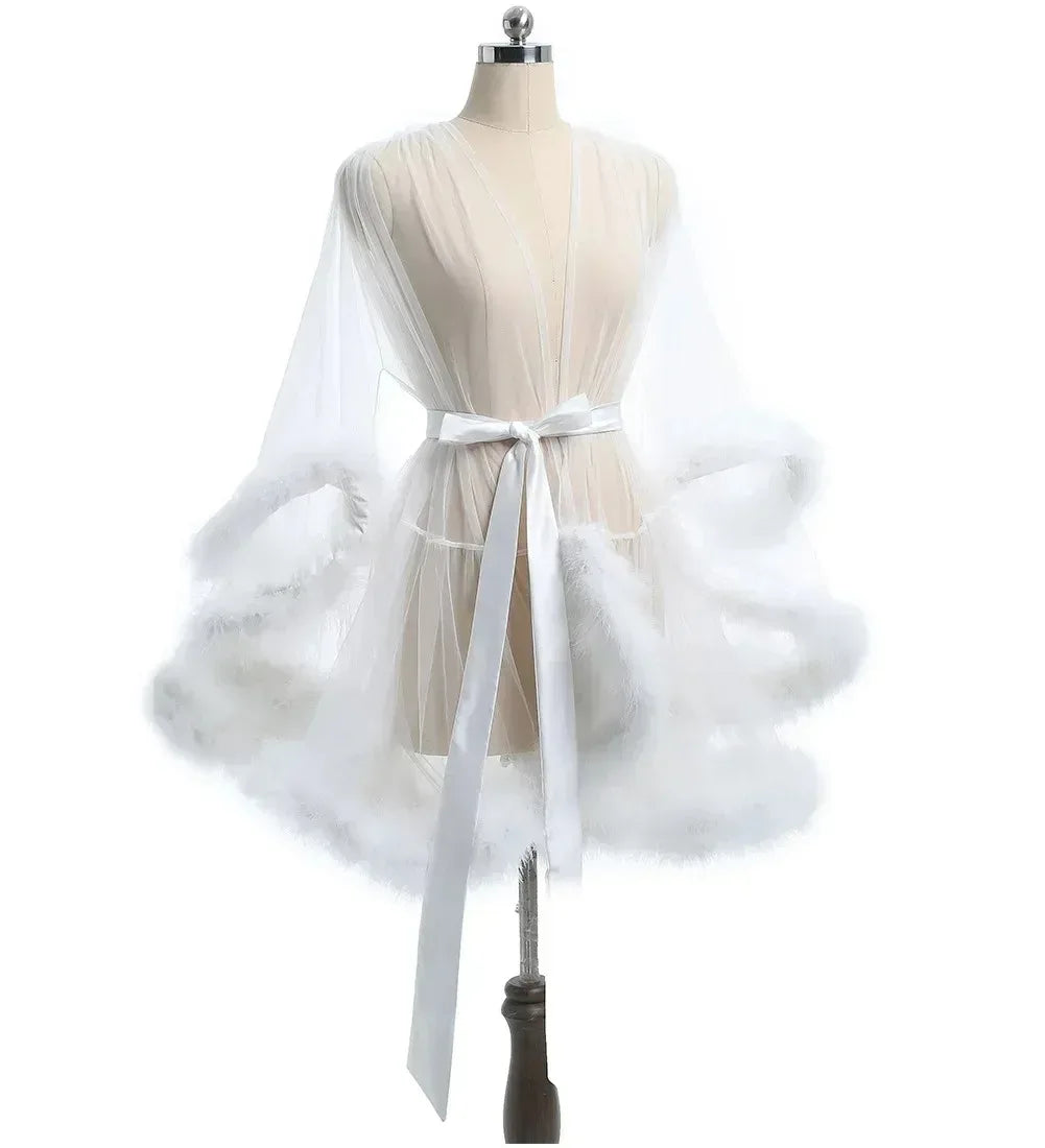 Robe de plumes Sexy, grande taille, maille séduisante, Perspective, peignoir en fourrure sexuelle, taille passionnée, Robe de serrage, Robe de mariée