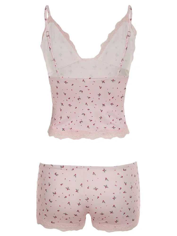 Ensemble de pyjama deux pièces d'été pour femmes, vêtements de nuit, dentelle florale rose, camisoles sans manches et shorts slim, vêtements de détente