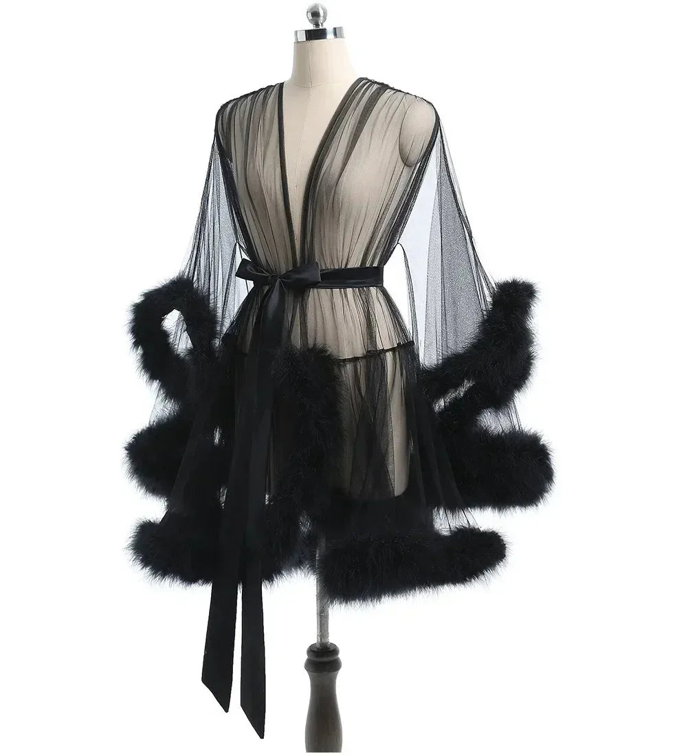 Robe de plumes Sexy, grande taille, maille séduisante, Perspective, peignoir en fourrure sexuelle, taille passionnée, Robe de serrage, Robe de mariée