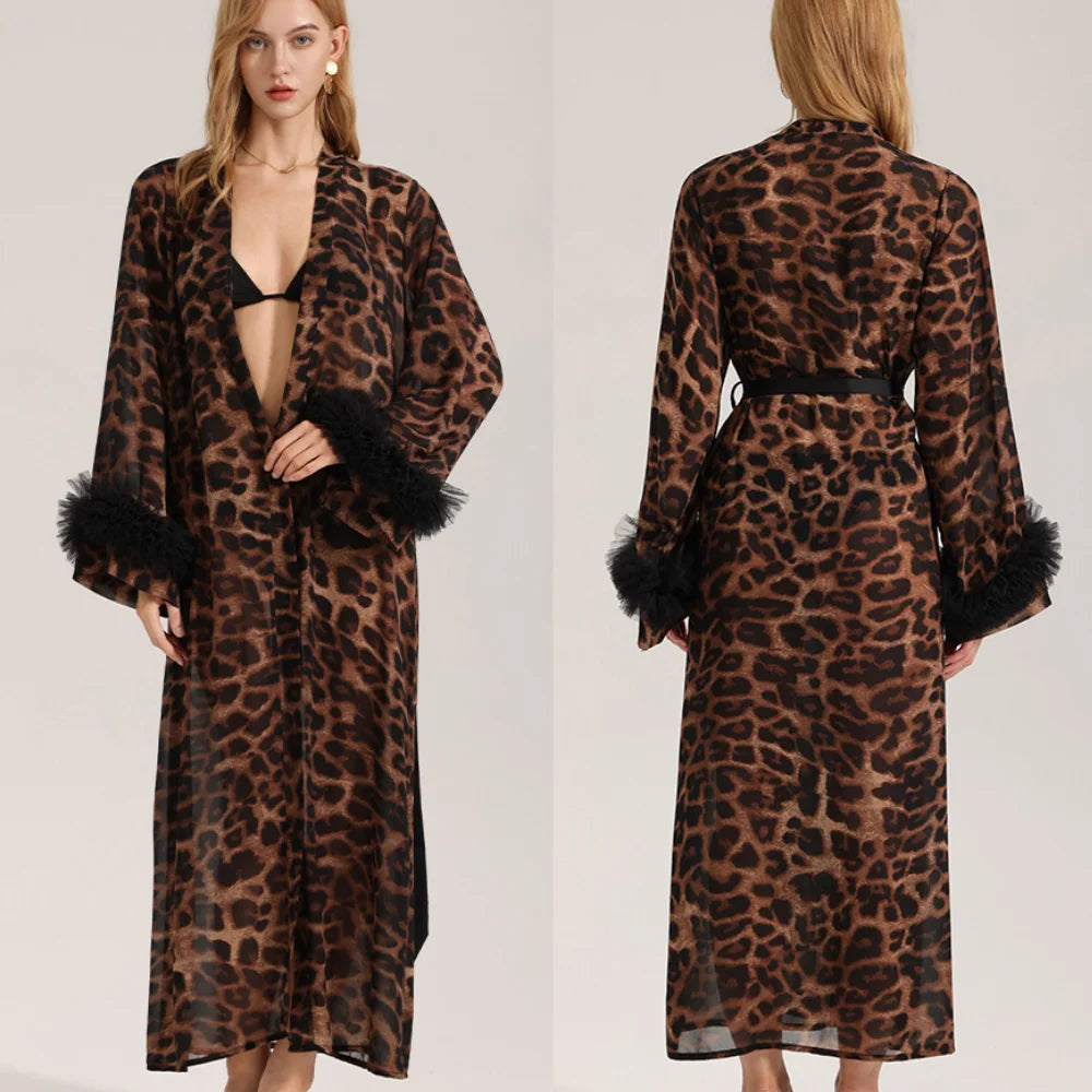 Mode léopard femmes longue Robe maison Robe Sexy dentelle Kimono peignoir Yukata Robe été femme vêtements de nuit chemise de nuit Lingerie
