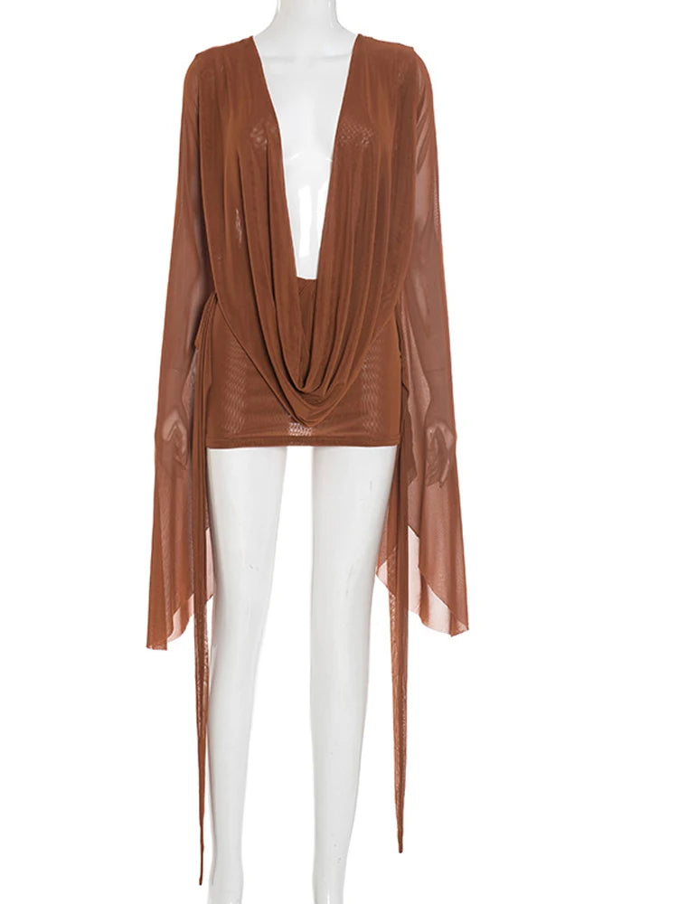 Beyprern élégant manches évasées col en V froncé maille transparente robe courte rose tenues de vacances plage robe de plage robe de soirée robes
