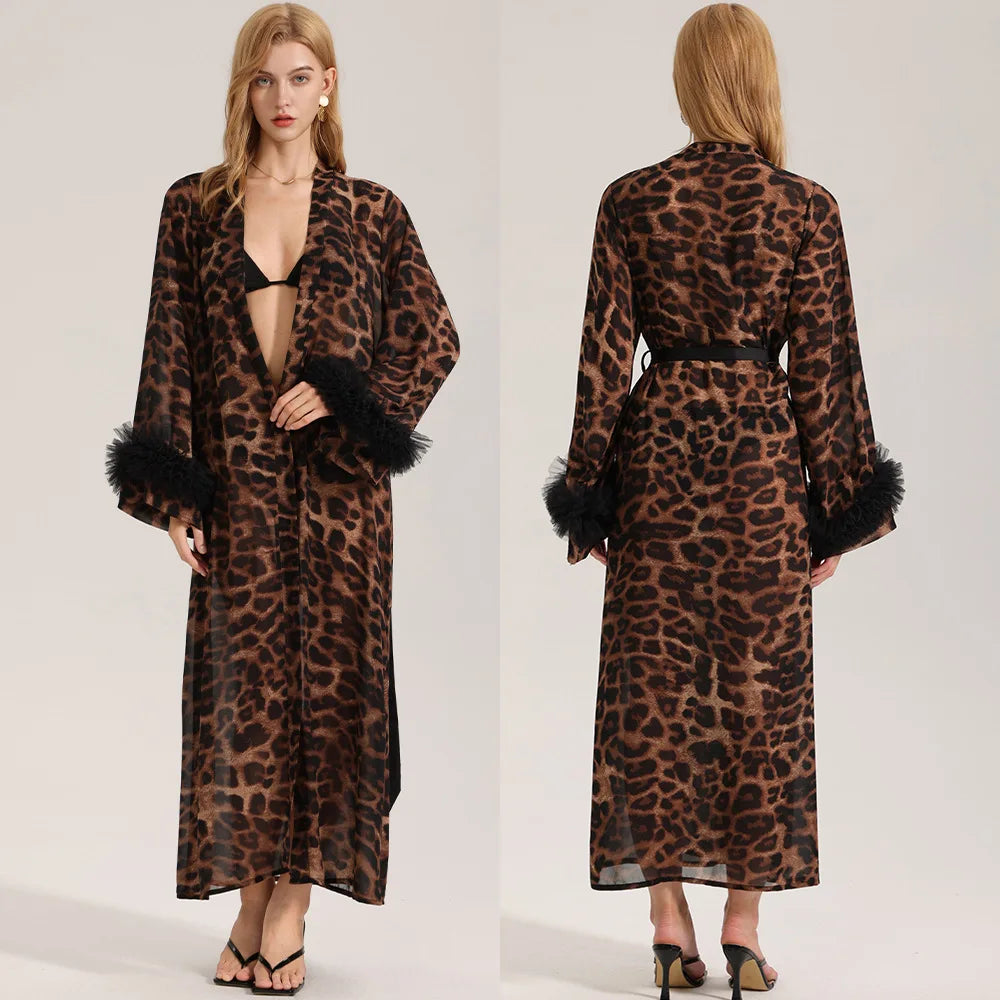 Mode léopard femmes longue Robe maison Robe Sexy dentelle Kimono peignoir Yukata Robe été femme vêtements de nuit chemise de nuit Lingerie