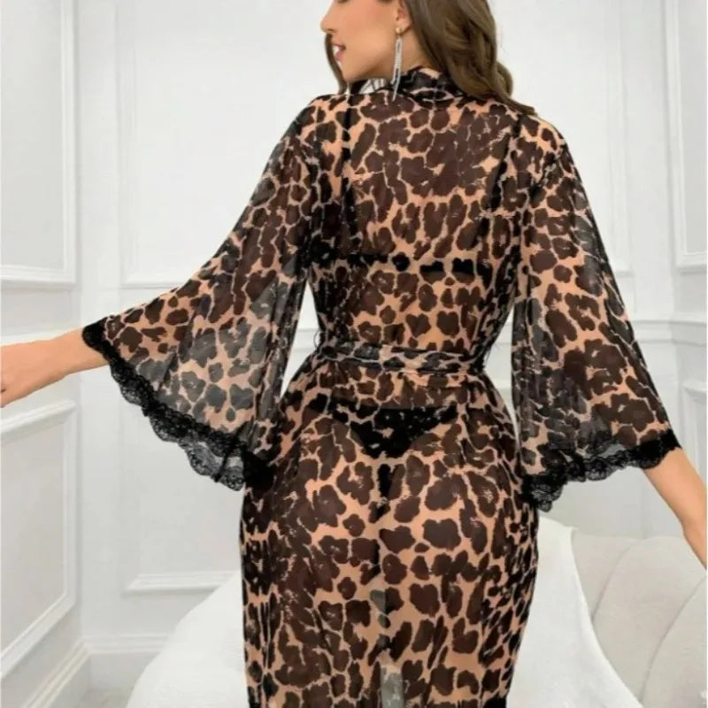 Robe de chambre à imprimé léopard intégral, ceinturée, pour l'été et l'automne, robe de demoiselle d'honneur, robe de nuit mi-longue, nuisette en maille, vêtements de détente sexy, vêtements de nuit doux
