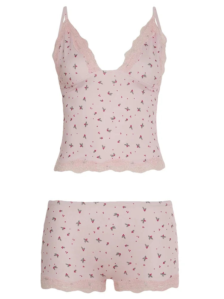 Ensemble de pyjama deux pièces d'été pour femmes, vêtements de nuit, dentelle florale rose, camisoles sans manches et shorts slim, vêtements de détente