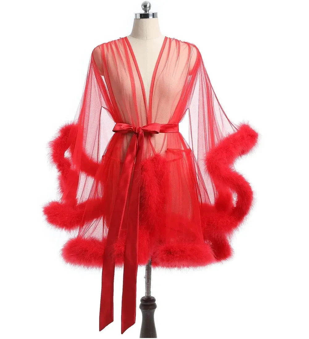Robe de plumes Sexy, grande taille, maille séduisante, Perspective, peignoir en fourrure sexuelle, taille passionnée, Robe de serrage, Robe de mariée