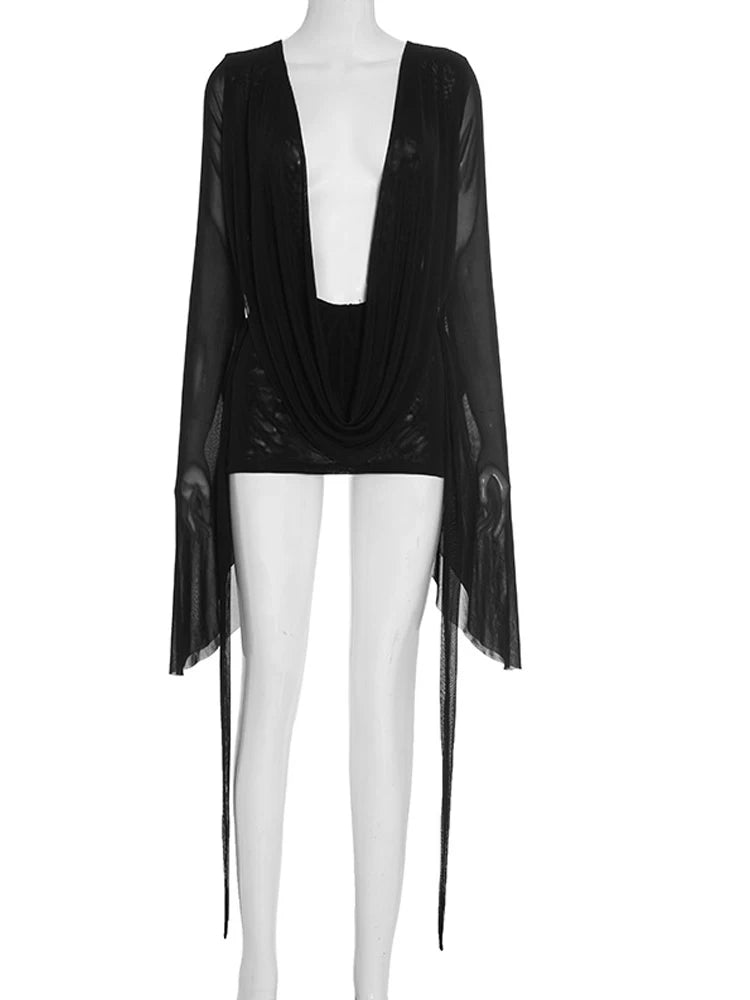 Beyprern élégant manches évasées col en V froncé maille transparente robe courte rose tenues de vacances plage robe de plage robe de soirée robes