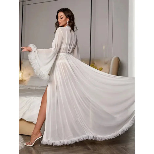 Peignoir de nuit sexy en dentelle transparente, nouveau style 2026, pour la maison, en tissu polyester confortable, universel quatre saisons