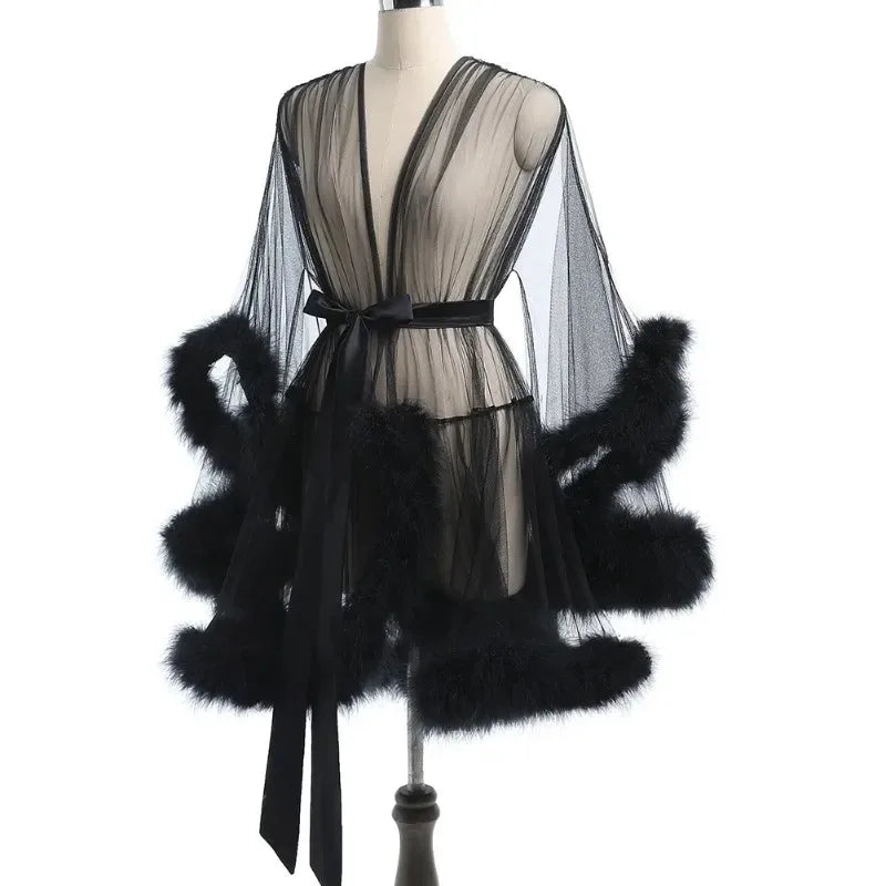 Robe de plumes Sexy, grande taille, maille séduisante, Perspective, peignoir en fourrure sexuelle, taille passionnée, Robe de serrage, Robe de mariée