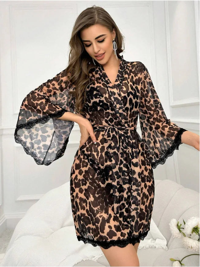 Robe de chambre à imprimé léopard intégral, ceinturée, pour l'été et l'automne, robe de demoiselle d'honneur, robe de nuit mi-longue, nuisette en maille, vêtements de détente sexy, vêtements de nuit doux