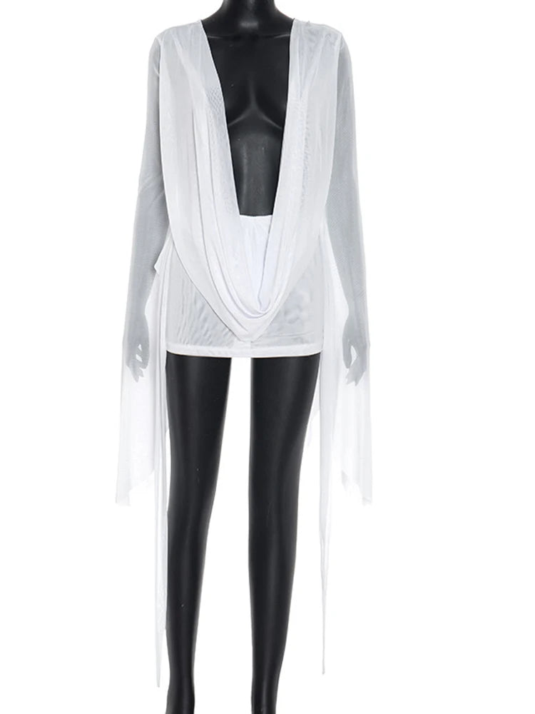Beyprern élégant manches évasées col en V froncé maille transparente robe courte rose tenues de vacances plage robe de plage robe de soirée robes