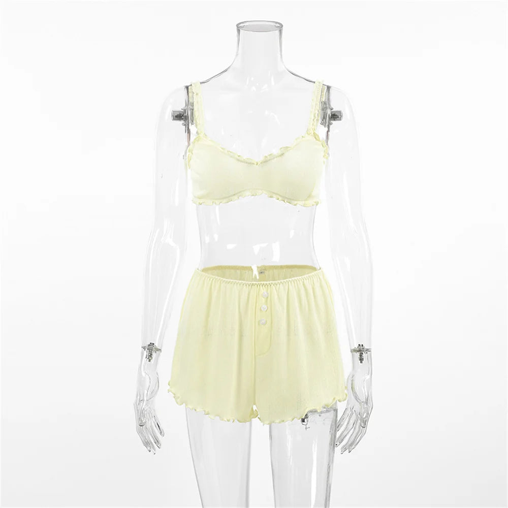 Mode femme ensemble de vêtements de nuit Spaghetti sangle Pyjamas haut court nuisette débardeurs Pyjamas Shorts décontracté chemises de nuit costume