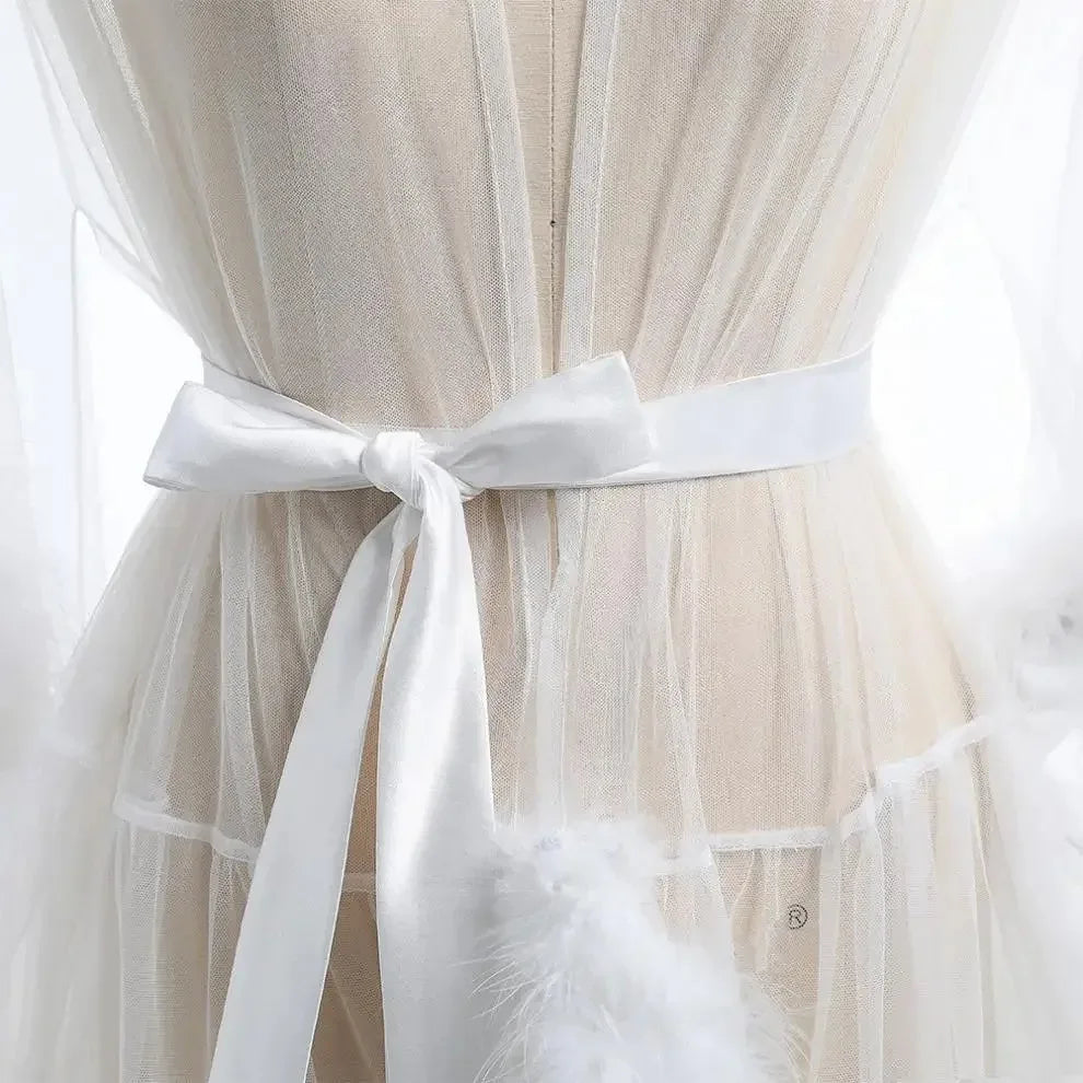 Robe de plumes Sexy, grande taille, maille séduisante, Perspective, peignoir en fourrure sexuelle, taille passionnée, Robe de serrage, Robe de mariée