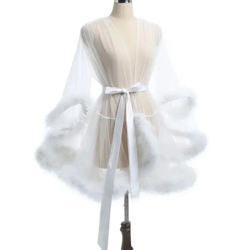 Robe de plumes Sexy, grande taille, maille séduisante, Perspective, peignoir en fourrure sexuelle, taille passionnée, Robe de serrage, Robe de mariée