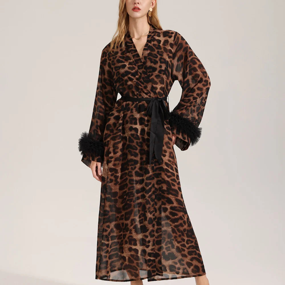 Mode léopard femmes longue Robe maison Robe Sexy dentelle Kimono peignoir Yukata Robe été femme vêtements de nuit chemise de nuit Lingerie