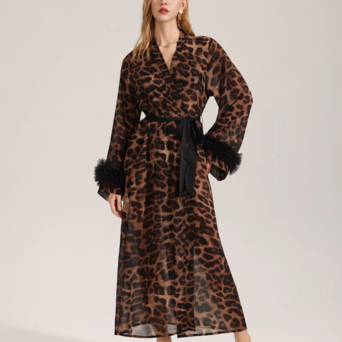 Mode léopard femmes longue Robe maison Robe Sexy dentelle Kimono peignoir Yukata Robe été femme vêtements de nuit chemise de nuit Lingerie
