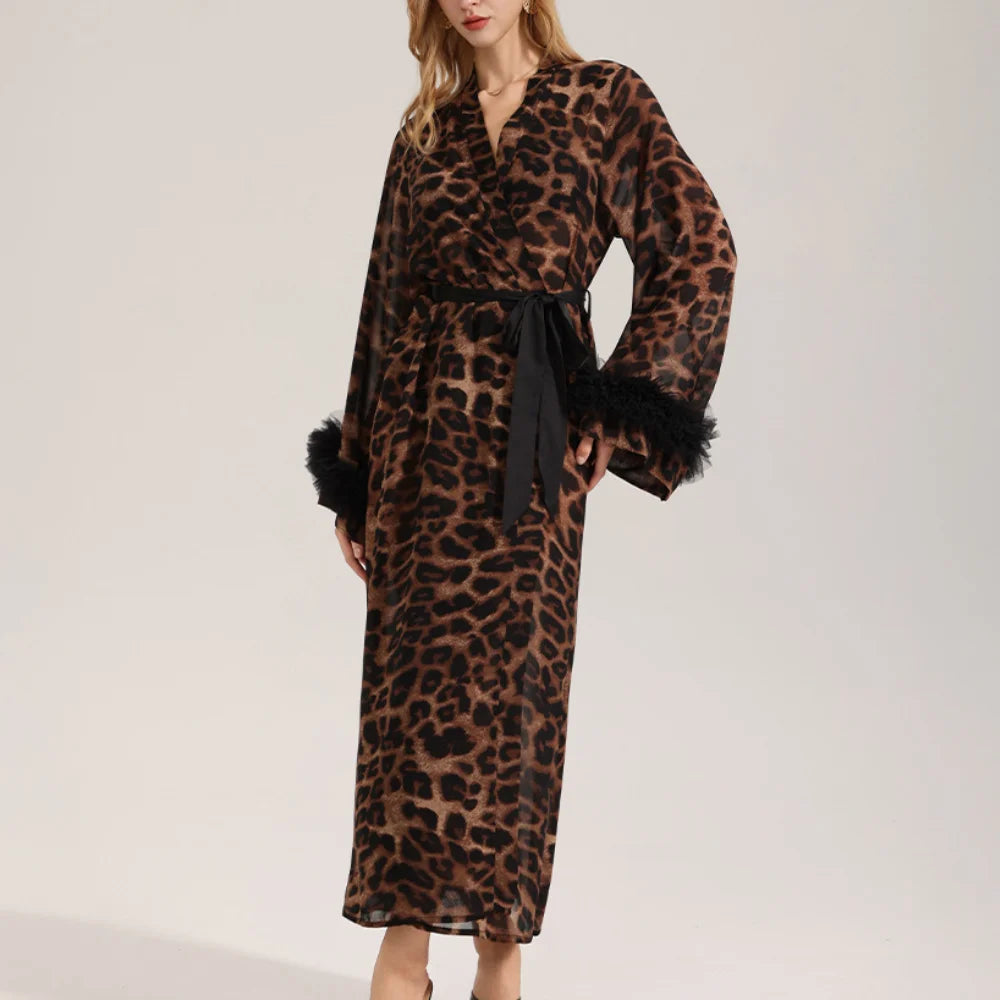 Mode léopard femmes longue Robe maison Robe Sexy dentelle Kimono peignoir Yukata Robe été femme vêtements de nuit chemise de nuit Lingerie