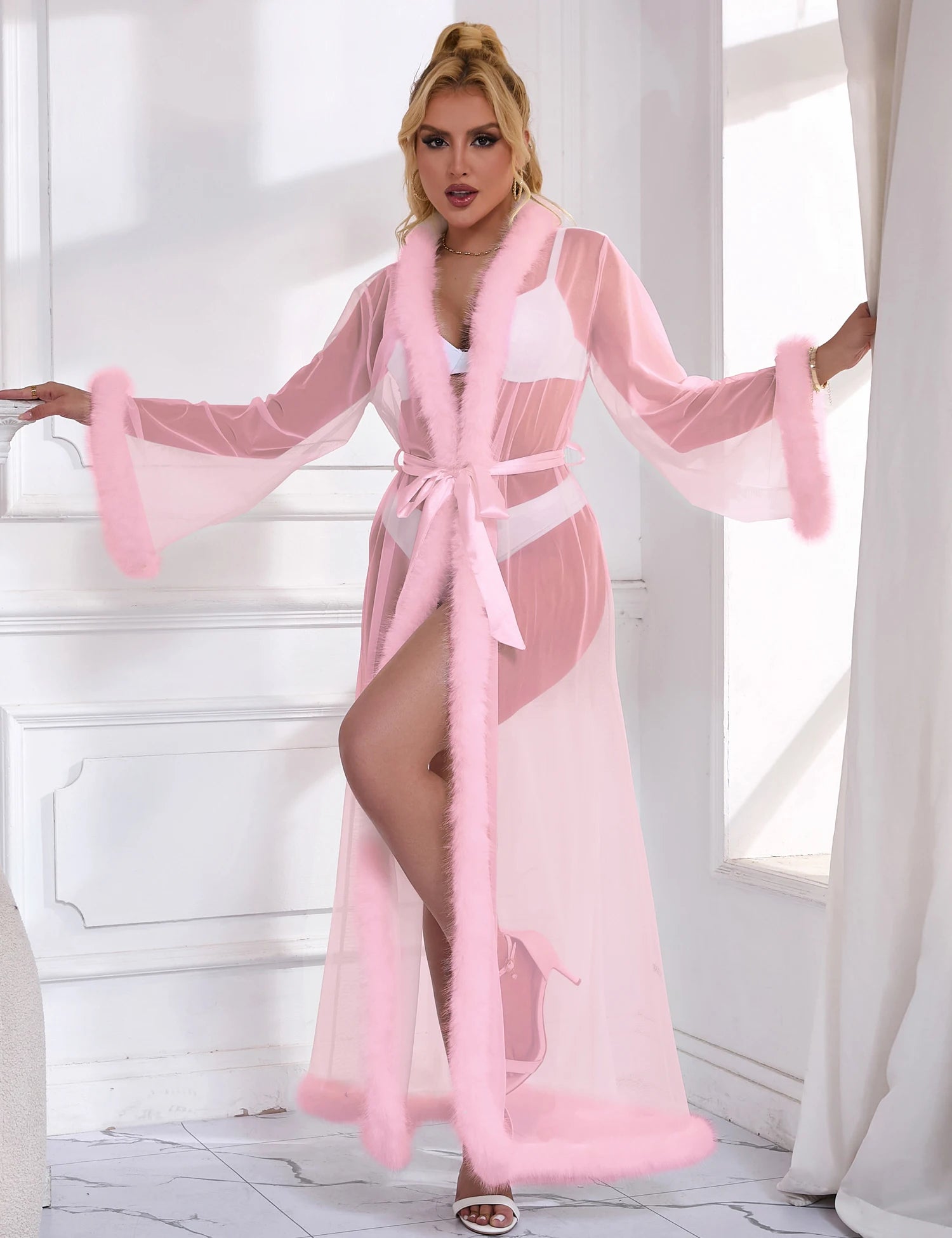 Robe longue en maille rose sexy pour femmes, garniture en fourrure de vison, ceinture d'inj, pyjama chaud pour femmes, dédoublement, lingerie de vêtements de nuit 7.0, 216.239.