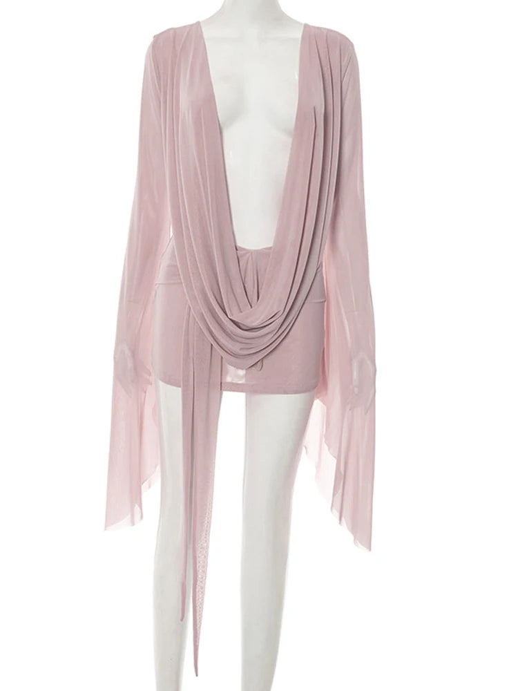 Beyprern élégant manches évasées col en V froncé maille transparente robe courte rose tenues de vacances plage robe de plage robe de soirée robes