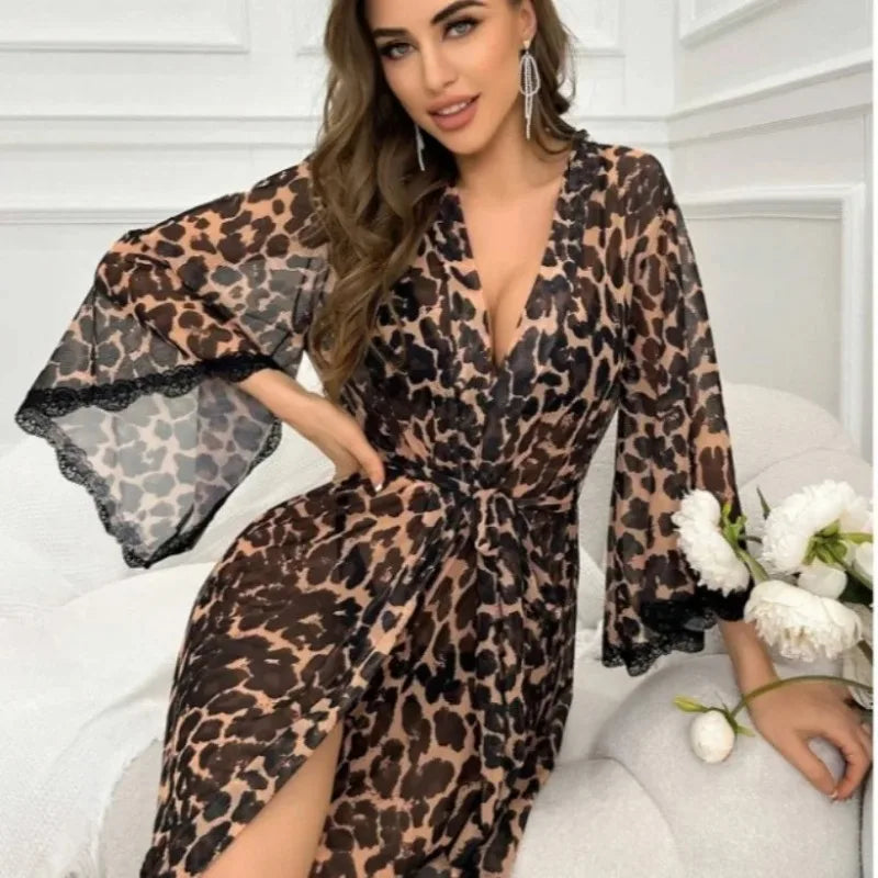 Robe de chambre à imprimé léopard intégral, ceinturée, pour l'été et l'automne, robe de demoiselle d'honneur, robe de nuit mi-longue, nuisette en maille, vêtements de détente sexy, vêtements de nuit doux