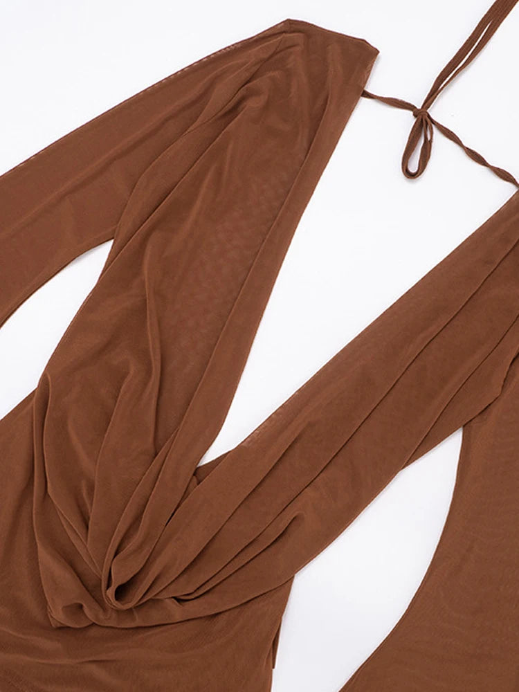 Beyprern élégant manches évasées col en V froncé maille transparente robe courte rose tenues de vacances plage robe de plage robe de soirée robes