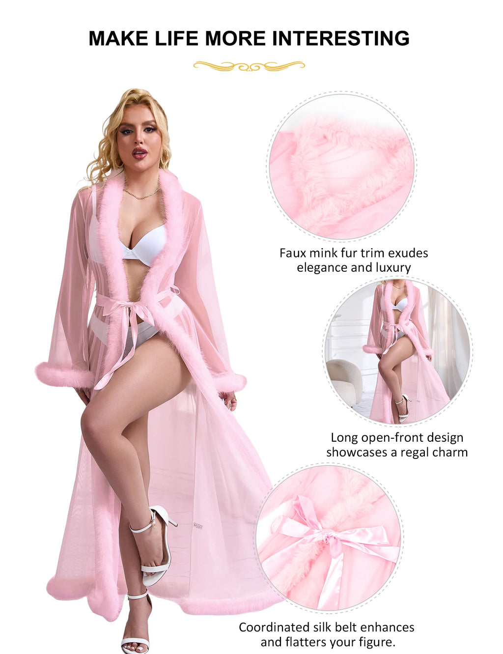 Robe longue en maille rose sexy pour femmes, garniture en fourrure de vison, ceinture d'inj, pyjama chaud pour femmes, dédoublement, lingerie de vêtements de nuit 7.0, 216.239.