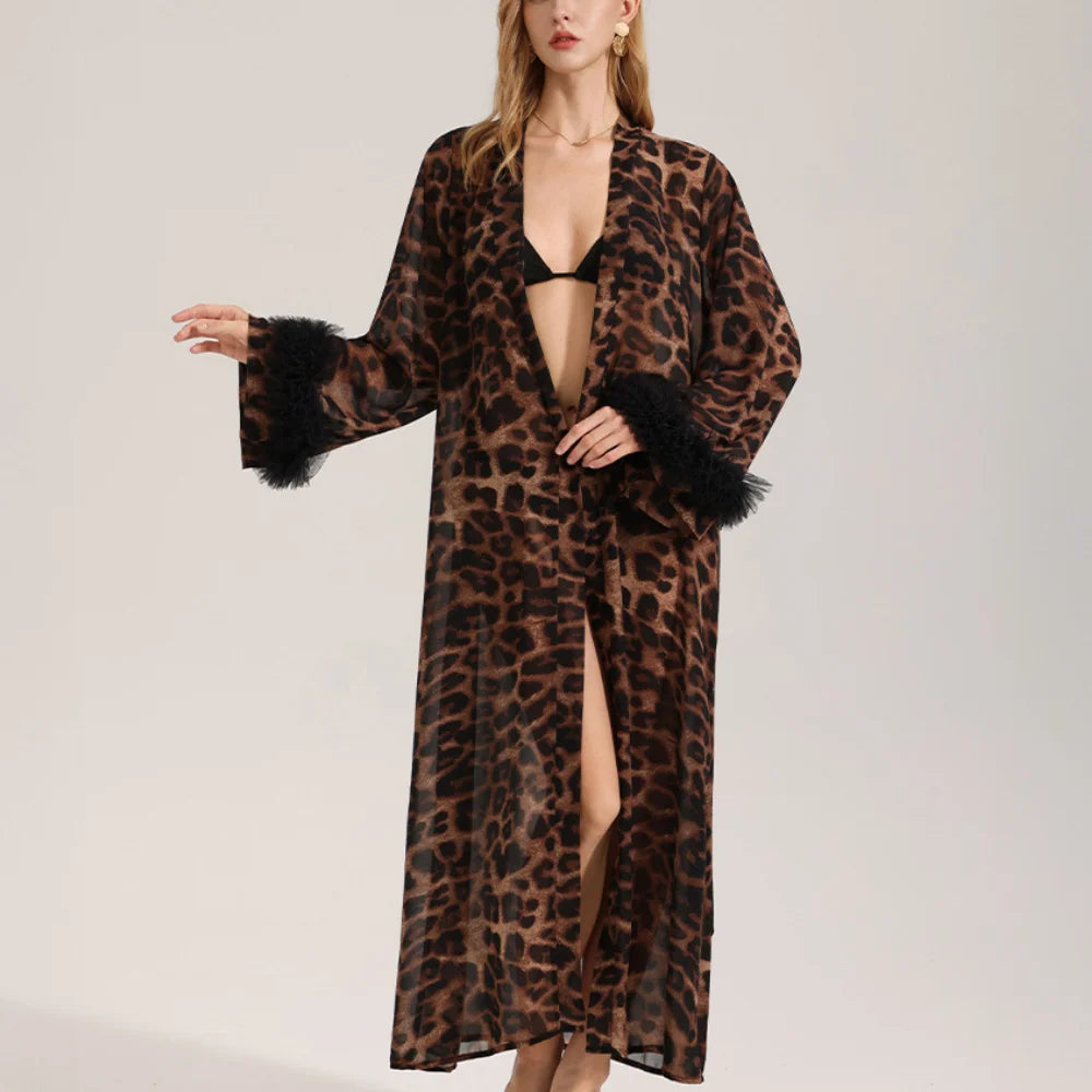 Mode léopard femmes longue Robe maison Robe Sexy dentelle Kimono peignoir Yukata Robe été femme vêtements de nuit chemise de nuit Lingerie