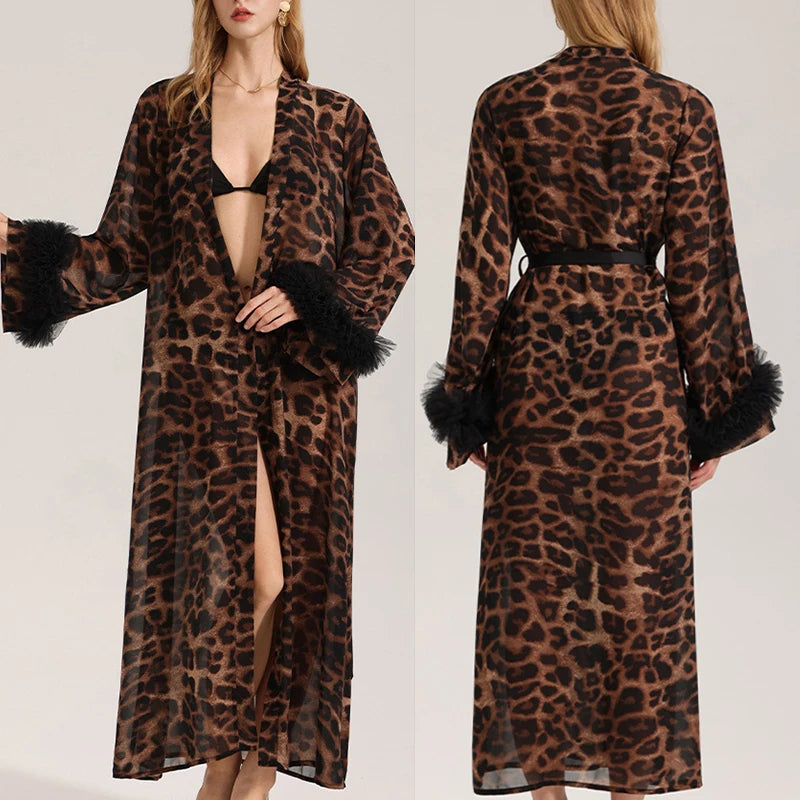 Mode léopard femmes longue Robe maison Robe Sexy dentelle Kimono peignoir Yukata Robe été femme vêtements de nuit chemise de nuit Lingerie